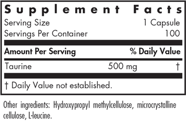 Taurine 500 mg 100 Capsules Allergy Research Group Supplement - Conners Clinic